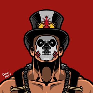 May include: A digital illustration of a person wearing a black top hat with a red and yellow feather, a white skull face paint with red markings, and a black beaded necklace with bone accents. The background is red.