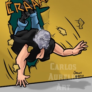 Może przedstawiać: Kreskówkowa ilustracja osoby rozbijającej się o żółtą ścianę ze słowem "CRAAASH" w pomarańczowych literach nad nią. Osoba ma na sobie czarną koszulę, niebieskie dżinsy i ma szarą głowę z efektem błysku. Tło to żółta ściana z zielonym fragmentem.