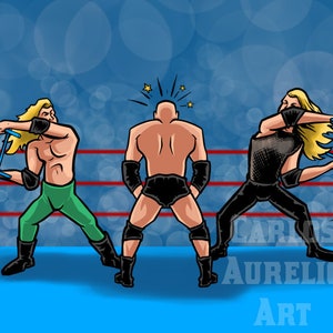 May include: Three wrestlers in a wrestling ring. Two wrestlers are holding blue chairs and are about to hit the wrestler in the middle. The wrestler in the middle is facing away from the camera. The wrestler on the left is wearing green shorts and black arm bands. The wrestler on the right is wearing black shorts and a black shirt with a white design. The wrestler in the middle is wearing black shorts and black arm bands. The background is blue with red ropes.