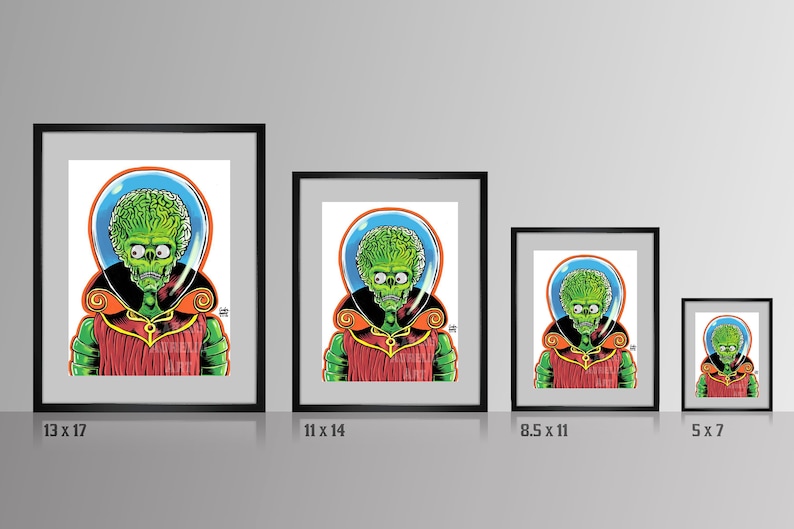 May include: Four framed prints of a green alien with a large head and a red and orange robe. The prints are in black frames and are displayed on a gray wall. The sizes of the prints are 13 x 17 inches, 11 x 14 inches, 8.5 x 11 inches, and 5 x 7 inches.