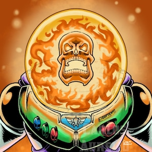 Puede incluir: Una ilustración de dibujos animados de un ranger espacial con una calavera envuelta en llamas dentro del casco. El casco tiene la palabra "LIGHTER" escrita en él. El ranger espacial lleva un traje verde, morado y blanco con un emblema azul y blanco en el pecho.