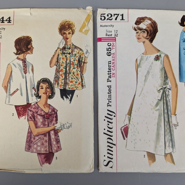 Vintage 1950s 60s Simplicity 3344 and 5271 Sewing Patterns... Maternity Trapese Dress and Blouse Top...