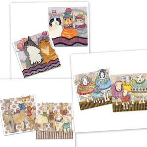 May include: A collection of square greeting cards featuring watercolour illustrations of animals in winter clothing. The designs include cats in knit hats and scarves, sheep wearing colourful patterned jumpers, and llamas adorned with winter scarves.