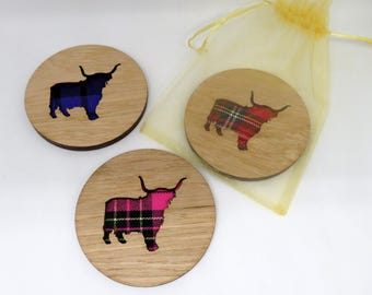 Tartan Highland Cow Oak Veneer Coaster, Scottish Decor