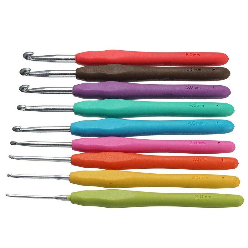 May include: A set of nine crochet hooks with colorful, ergonomic handles. The hooks range in size from 2.0 mm to 6.0 mm, with each handle a different color: red, brown, purple, teal, blue, pink, orange, yellow, and green. The sizes are printed in white on the handles.
