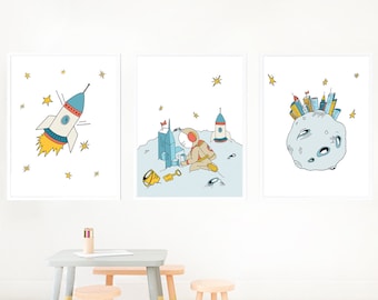 Astronaut Nursery Girl / Outer Space Kids Wall Art / Girl Nursery Wall Decor / Rocket Ship Art / Outer Space Bedroom / Astronaut Playroom
