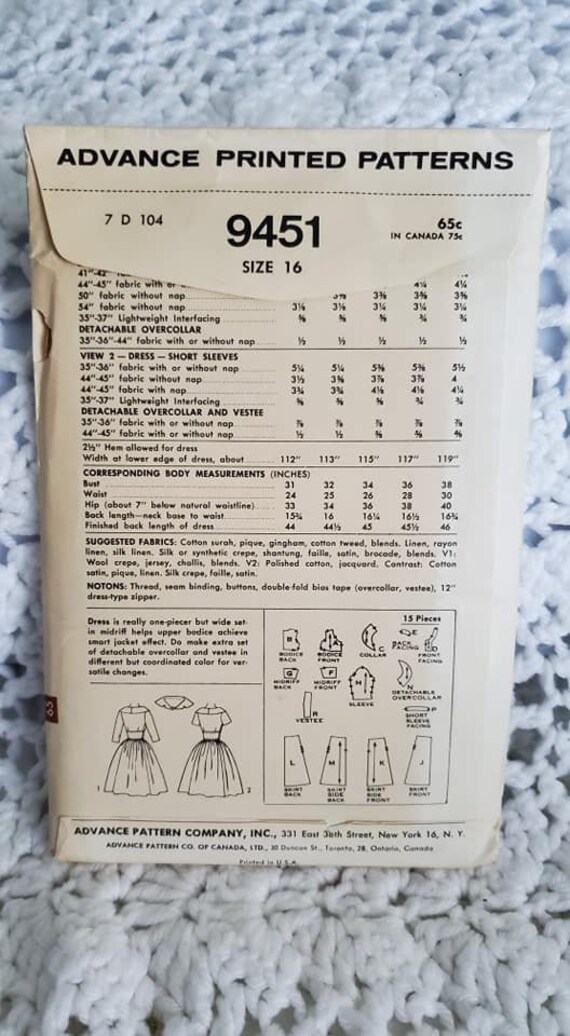 Vintage Advance #9451 Sewing Pattern - Gem