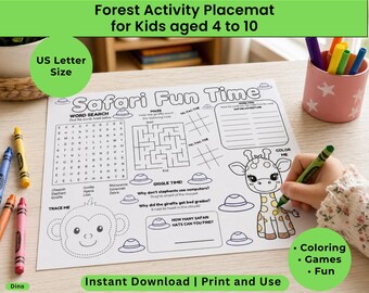 Kids Activity Placemat Printable. Safari themed activities. For Home, Classroom, Restaurant Entertainment, Quiet time, Boredom Buster