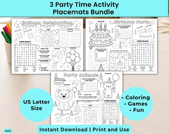 Printable Activity Placemats for Kids Bundle | 3 Kids Activity Sheets | Party, Home, School Fun | Candy Ice Cream Cake Games | ages 4 to 10