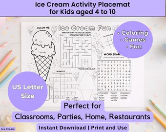 Kids Activity Placemat Printable | Ice Cream Fun Coloring & Games | Classroom Sheet | Restaurant Entertainment | Quiet time Boredom Buster