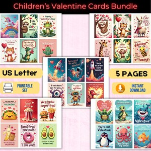 Paquete de tarjetas de San Valentín para niños imprimibles, letras de EE. UU., lindos mensajes divertidos para el aula de San Valentín, etiquetas de regalo o notas para loncheras divertidas para niños