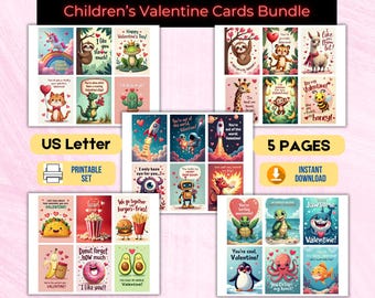 Printable Kids Valentine Cards Bundle, Funny Classroom Valentines (Digital Download)
