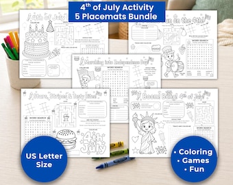 4th of July Kids Placemats, Activity Sheets Printable, Independence Day themed activities. Home, Classroom, Restaurant, Dining Entertainment