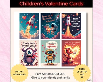 Printable Kids Valentine Cards, Rockets, Robots, Monster Designs (Digital Download)