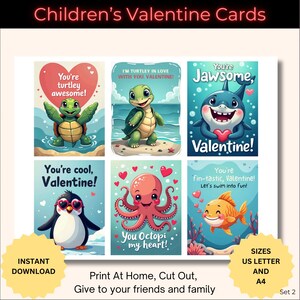 Printable Kids Fun Valentine Cards, Cute Classroom Valentines, Use as Gift Tags or Lunchbox Notes, Instant Download, US Letter and A4, set2
