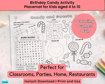 Kids Activity Placemat Printable | Birthday Candy Coloring & Games | Fun Classroom Sheet | Restaurant Activity | Quiet time Boredom Buster