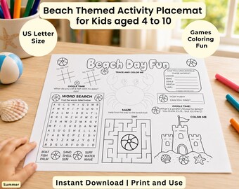 Kids Activity Placemat Printable. Beach themed activities. For Home, Classroom, Restaurant Dining Entertainment, Quiet time, Boredom Buster