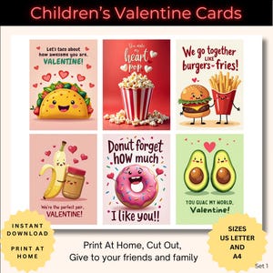 Printable Kids Valentine Cards, Cute & Fun Classroom Valentines, Gift Tags, Lunchbox Notes, Instant Download, US Letter and A4 sizes, set1