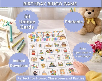 Birthday Bingo Game for Kids Printable,50 Unique Cards, 1 or 2 per page, Party Game, Classroom Activity, Instant Download