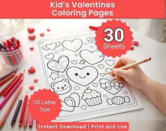 Valentine Coloring Pages for Kids, 30 Printable Valentine's Day Sheets (Digital Download)