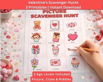 Printable Valentines Scavenger Hunt – Valentine Kids Activity Game, Ages 3-10+, Instant Download