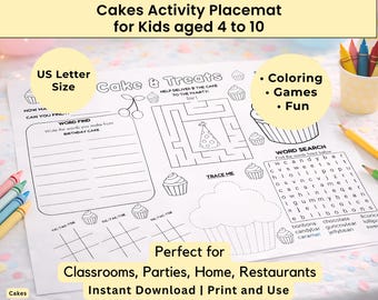 Kids Activity Placemat Printable | Cake Fun Coloring & Games | Classroom Sheet | Restaurant Entertainment | Quiet time Boredom Buster