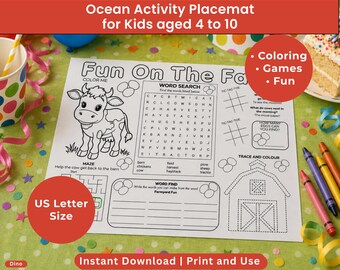 Kids Activity Placemat Printable. Farm themed activities to use at Home, Classroom, Restaurant Entertainment, Quiet time, Boredom Buster