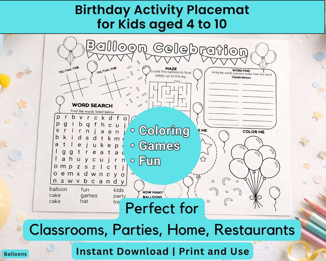 Kids Activity Placemat Printable | Party Balloons Coloring Games | Fun ...