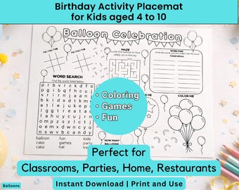 Kids Activity Placemat Printable | Party Balloons Coloring  Games | Fun Classroom Sheet | Restaurant Entertainment Quiet time Boredom Buster