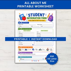 May include: A printable student information form worksheet featuring colorful icons of a blue notebook, red apple, yellow pencil, and purple backpack. The document includes sections for student details, parent contact information, and transportation methods.