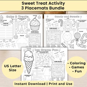 Könnte beinhalten: Ein Set aus drei Tischsets mit Aktivitäten zum Thema süße Leckereien. Jedes Tischset enthält Malvorlagen, Wortsuchrätsel und Labyrinthe. Die Tischsets haben das US Letter-Format und tragen den Text "Sweet Treat Activity 3 Placemats Bundle".