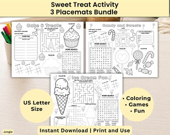Printable Activity Placemats for Kids Bundle | 3 Kids Activity Sheets | Party, Home, School Fun | Candy Ice Cream Cake Games | ages 4 to 10