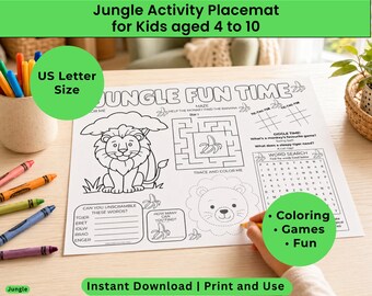 Kids Activity Placemat Printable | Jungle Fun Coloring & Games | Classroom Sheet | Restaurant Entertainment | Quiet time Boredom Buster