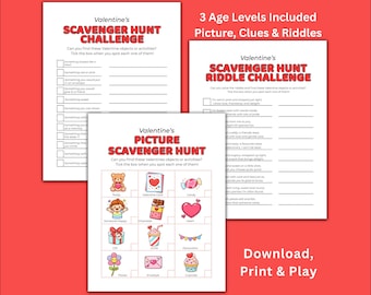 Valentines Scavenger Hunt Printable Kids Activity Game (Ages 3-10+, Instant Download)
