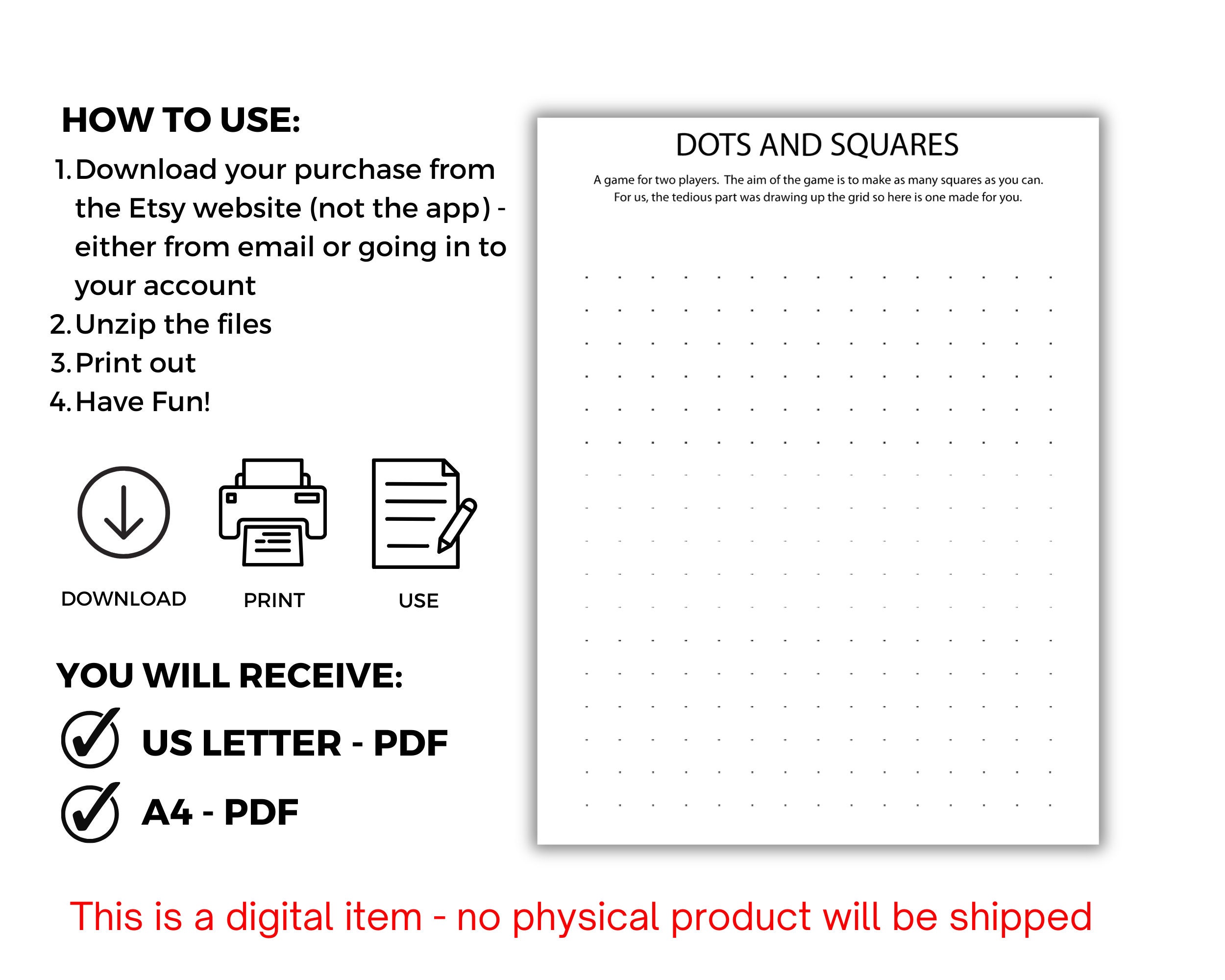 Instant Download Printable Dots and Squares Game Dots and Boxes Game