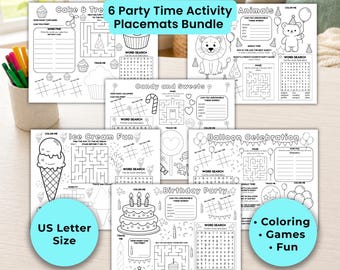 6 Kids Printable Activity Placemats Bundle | Party Themed Activity Sheets | Party, Home, School, Dining | ages 4 to 10 | Instant Download
