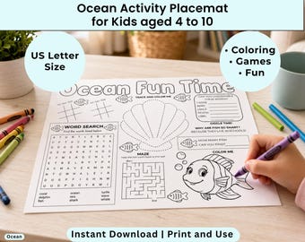 Kids Activity Placemat Printable | Ocean Fun Coloring Games | Classroom Worksheet | Restaurant Entertainment | Quiet time Boredom Buster