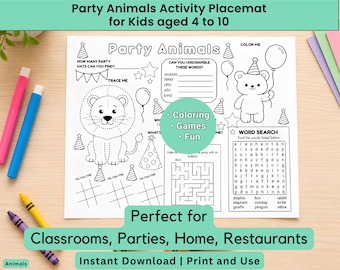 Kids Activity Placemat Printable | Party Animal Coloring Games | Classroom Sheet | Fun Restaurant Entertainment | Quiet time Boredom Buster