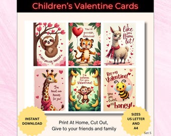 Printable Kids Valentine Cards, Cute Animal Classroom Valentines (Instant Download)