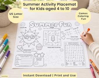 Kids Activity Placemat Printable. Summer themed activities. For Home, Classroom, Restaurant Dining Entertainment, Quiet time, Boredom Buster