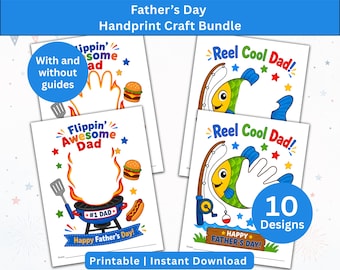 Father’s Day Handprint Art Printable, Dad Handprint Craft Bundle, 10 Kids Gift Sheets, Preschool Toddler Keepsake PDF
