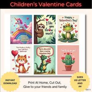 Printable Kids Valentine Cards, Cute Fun Classroom Valentines, Use as Gift Tags or Lunchbox Notes, Instant Download, US Letter and A4, set3