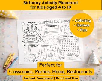 Kids Activity Placemat Printable | Birthday Party Coloring & Games | Fun Classroom Sheet | Restaurant Activity | Quiet time Boredom Buster