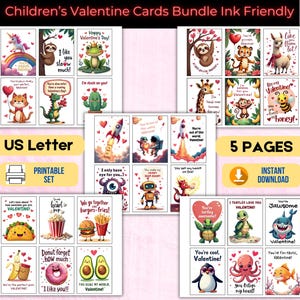 Paquete de tarjetas de San Valentín para niños con letras de EE. UU., imprimibles, aptas para tinta, mensajes divertidos para niños, San Valentín para el aula, etiquetas de regalo o notas para loncheras