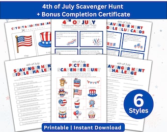 4th of July Scavenger Hunt Printable Bundle for Kids | bonus completion Certificate | Independence Day Party Games | Instant Download