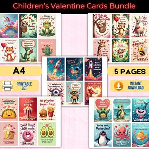 Paquete de tarjetas de San Valentín para niños imprimibles, tamaño A4, mensajes divertidos y lindos para el aula, etiquetas de regalo o notas para la lonchera, actividad divertida para niños