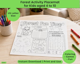 Kids Activity Placemat Printable. Forest themed activities. For Home, Classroom, Restaurant Entertainment, Quiet time, Boredom Buster