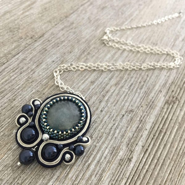 Silver & Blue Beaded Necklace, Soutache Necklace, Aventurine, Stone Necklace, Wedding Jewelry, Pearl Necklace, Statement Necklace