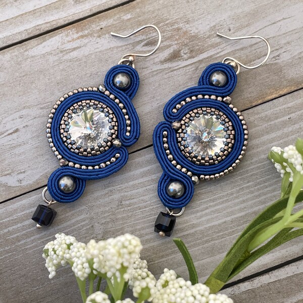 Blue & Crystal Soutache Earrings | Statement Jewelry, Beaded, Art Deco Style, Dangle and Drop Earrings, Sparkly, Bride Gift, Something Blue