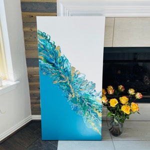 Gorgeous Original Turquoise Large Artwork - 24 x 48 inch Ocean Feel Acrylic Pour Painting - Fluid Art - Turquoise, white and gold